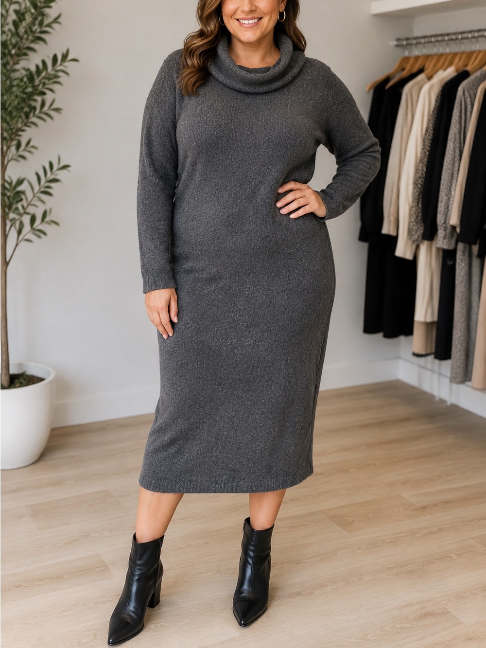 Fashion Nova Charcoal Gray Long Sleeve Cowl Neck Midi Dress